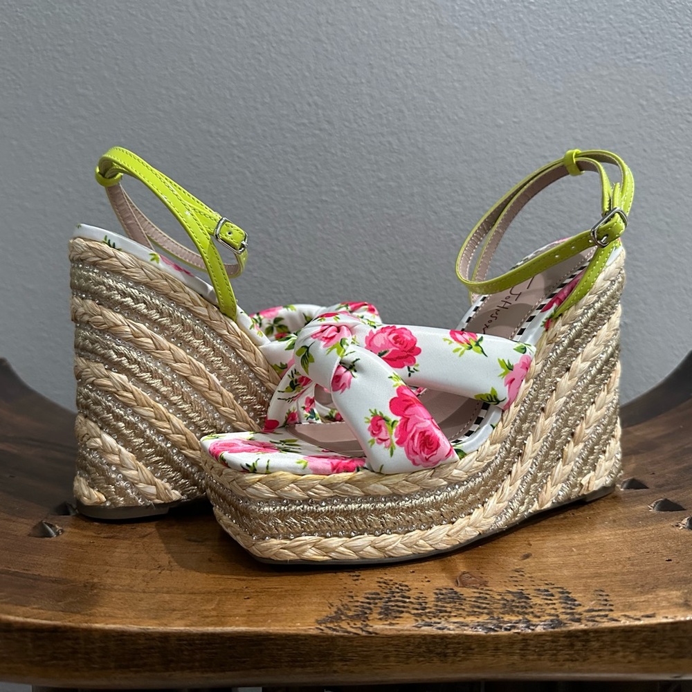 Betsey Johnson Floral Wedges with Neon Green Straps